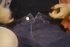 Curly-haired babes show their cock-riding skills in retro FFM movie scene