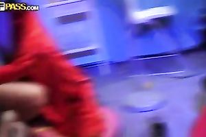 Slender dark brown slut with small milk shakes receives team-fucked at the party