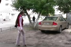 Lovely Russian legal age teenager in white jeans has fetish for soaked panties