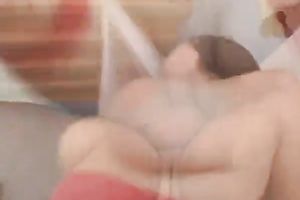 Busty brunette hair milf in red fishnets fucking on the floor