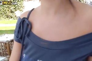 Brunette playgirl shows her large bazookas to a dude and sucks his prick