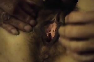 Hairy MILF hotwife fingers and caresses her love tunnel