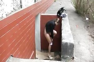 Busty Russian dark brown pees in her panties on voyeur non-professional clip
