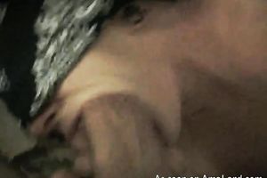 Blindfolded brunette hair with plumpy lips craves a mouthfull of cum