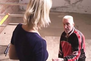 Shy blond shows her oral sex skills to an old fellow