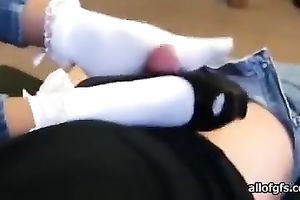 Girl wearing white socks favours a stud with a footjob