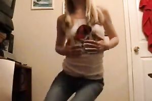Slim blond teenie showing off her moves whilst she gets nude
