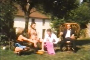 Several males shave fur pie of one busty sweetheart outdoor