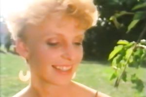 Several males shave fur pie of one busty sweetheart outdoor