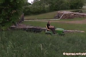 Redhead hottie bounded outdoors walks behind her master's car