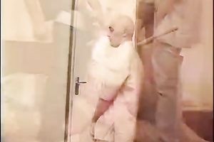 Alluring golden-haired beauty in nylons copulates 2 desirous chaps