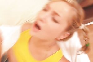 Naughty golden-haired Vera receives team-fucked in sideways position