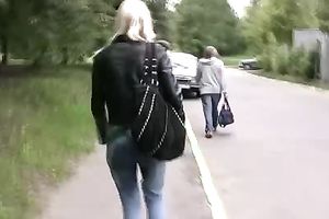 Blonde cutie Kate pees in her jeans in a public place
