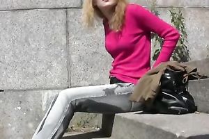 Lena pees in her jeans in public and changes her raiment outdoors