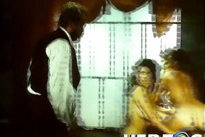 Two dark-haired beauties receive screwed in retro group sex scene