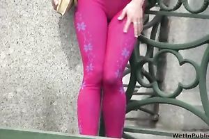 Nerdy brunette hair slutwife in hawt taut panties pisses in public