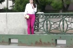 Nerdy brunette hair slutwife in hawt taut panties pisses in public