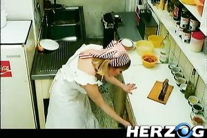 Redhead and dark brown waitress fuck in the tavern on the dining table