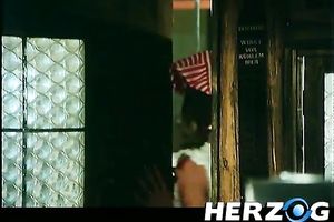 Redhead and dark brown waitress fuck in the tavern on the dining table