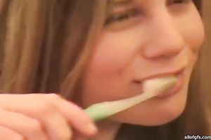 Cum longing nympho brushes her teeth with her lover's cock juice