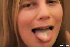 Cum longing nympho brushes her teeth with her lover's cock juice