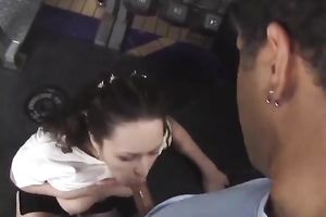 Lusty dark brown pippin receives gangbanged in the gym by her desirous BF