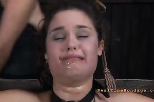 Brunette serf with bound whoppers is punished and got her bazookas sucked