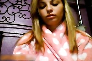 Blonde legal age teenager shows her body and fingers her smooth pussy