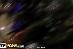 One breasty girlfriend shows off her large milk sacks at the college party