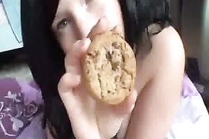 Busty dark brown sucks my penis and eats a biscuit with my cum