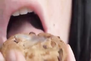 Busty dark brown sucks my penis and eats a biscuit with my cum