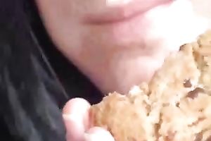 Busty dark brown sucks my penis and eats a biscuit with my cum