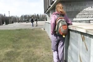 Slim redhead Sveta pees in her panties in a public place
