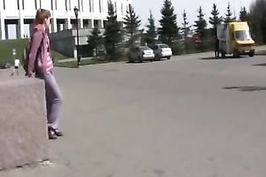 Slim redhead Sveta pees in her panties in a public place