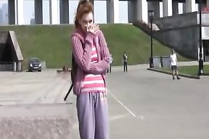 Slim redhead Sveta pees in her panties in a public place
