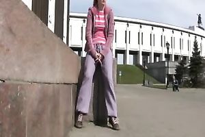 Slim redhead Sveta pees in her panties in a public place
