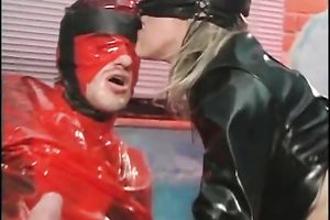 Leather clad floozy takes it in her itchy muff unfathomable