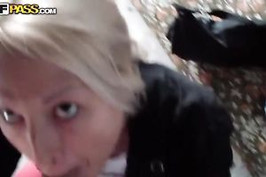 Pretty blond sucks a pecker in POV episode and receives her muff licked