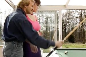 Brunette legal age teenager bitch receives fucked hard from behind during the time that licking juicy bushy slit. FFM