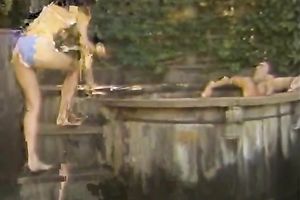 Provocative dark brown with appetizing gazoo gives oral-sex in front of a mirror