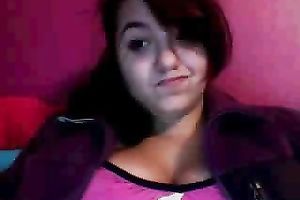 Chubby brunette hair flashes her wobblers and wazoo for the cam