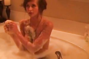 Petite busty white dirty slut wife feels shy to be filmed in the bathtub
