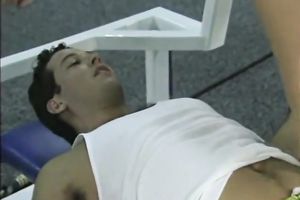 Two lusty chicks and one freaky tutor have astounding trio after fitness classes in gym