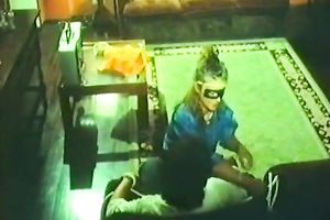 Kinky blonde wench undresses in front of slutty guy in a mask