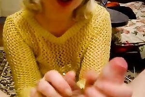 Blonde white BBC slut sucks my hairless dong in my living room