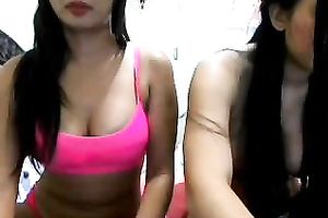 Busty brunette hair women pretend to be lesbians on webcam