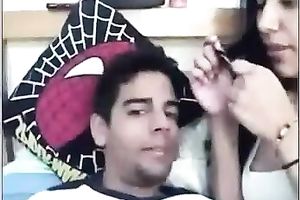 Bosomy non-professional beauty sucks her BF's schlong in cam sex scene