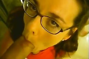 Lusty dark brown legal age teenager in glasses gives great oral-service to her man