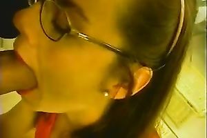 Lusty dark brown legal age teenager in glasses gives great oral-service to her man