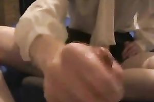 College Married slut wearing a blouse massages my prick in POV clip
